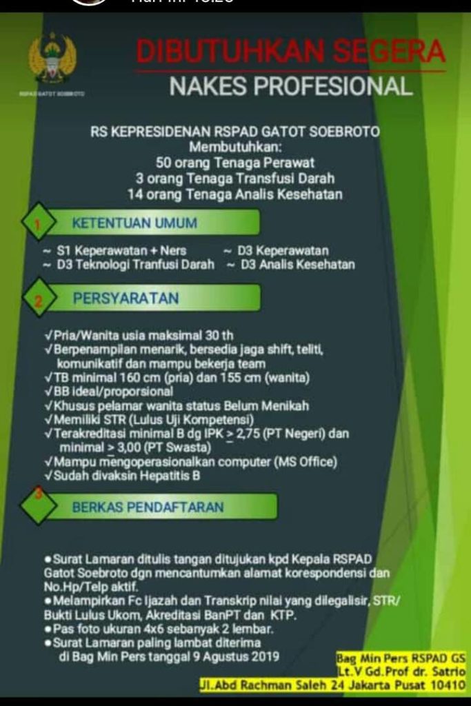 Lowongan Kerja Rs Kepresidenan Rspad Gatot Soebroto Tahun 2019 Alumni Poltekkes Palembang