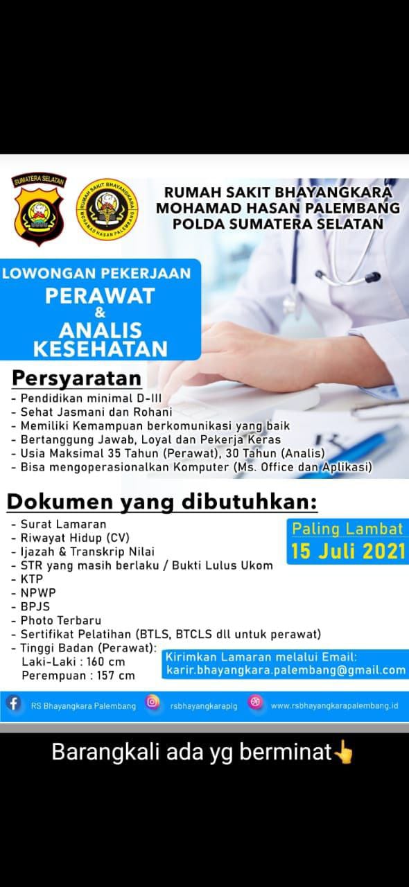 Lowongan Perawat & Analis Kesehatan RS Bhayangkara Mohamad Hasan Palembang  Tahun 2021 – Alumni Poltekkes Palembang